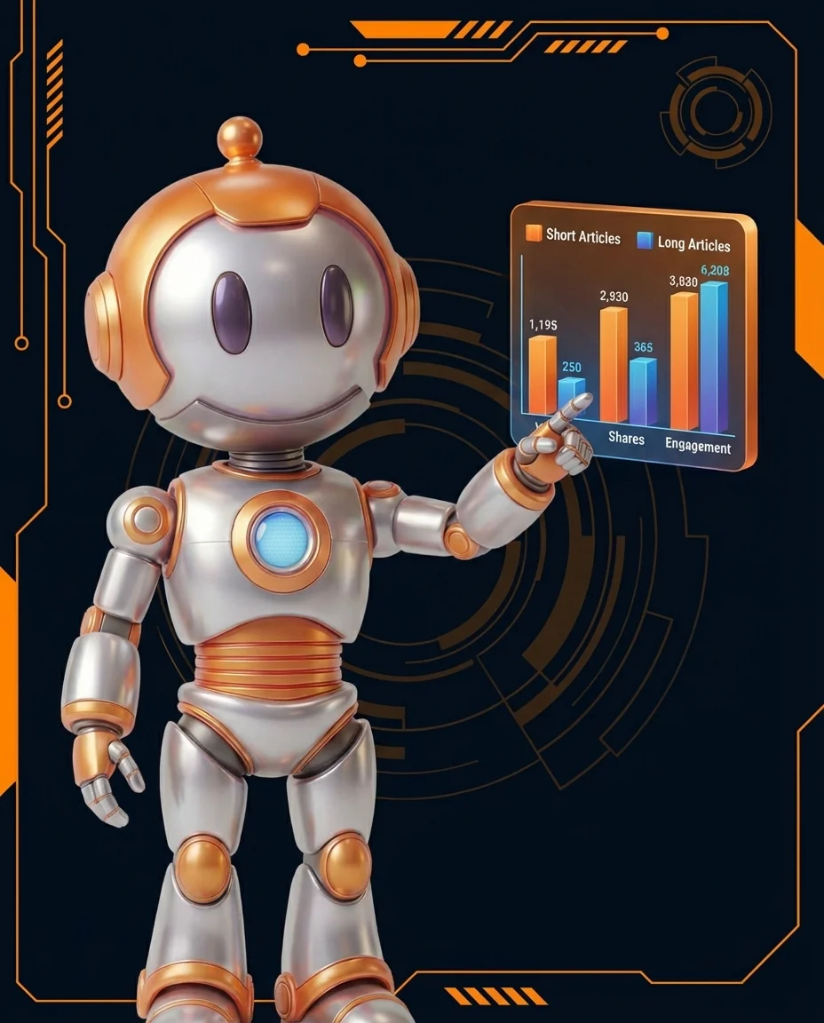 Roboter schreibt SEO-Blogartikel mit Wortanzahl-Anzeige auf Bildschirm