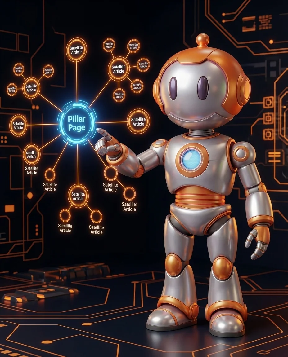 Roboter erklärt SEO Content Cluster mit Pillar Page und Cluster-Artikeln