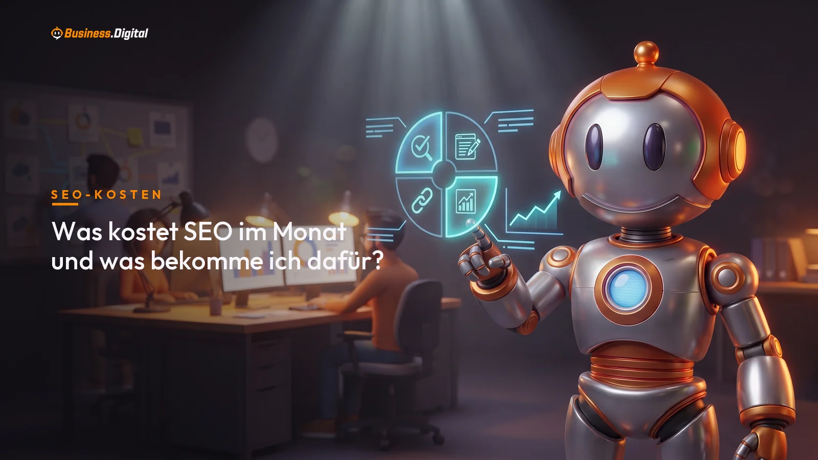 Roboter zeigt den monatlichen SEO-Leistungsumfang als Hologramm-Rad im Agenturbüro