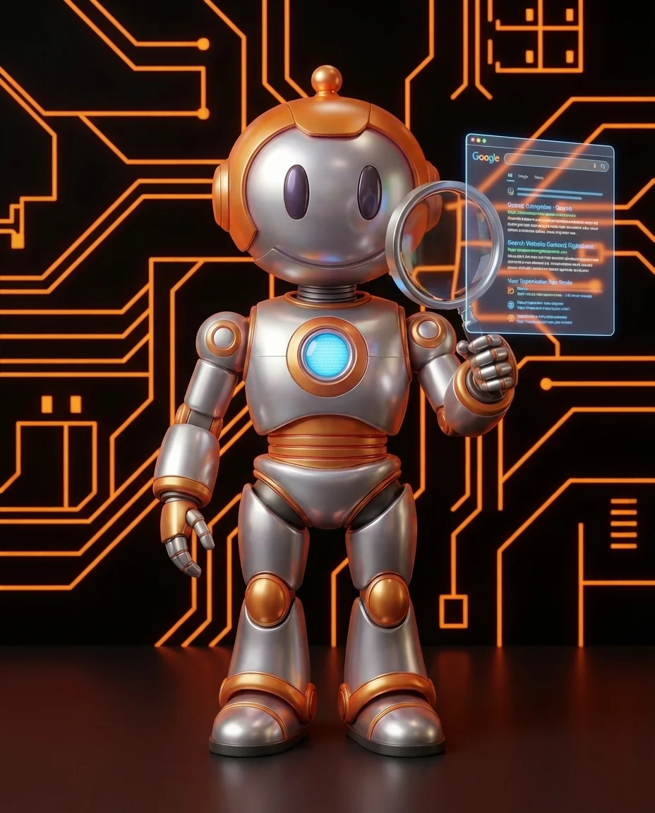 Robot zeigt auf Laptop-Bildschirm mit Google-Suchergebnisseite und Rankings