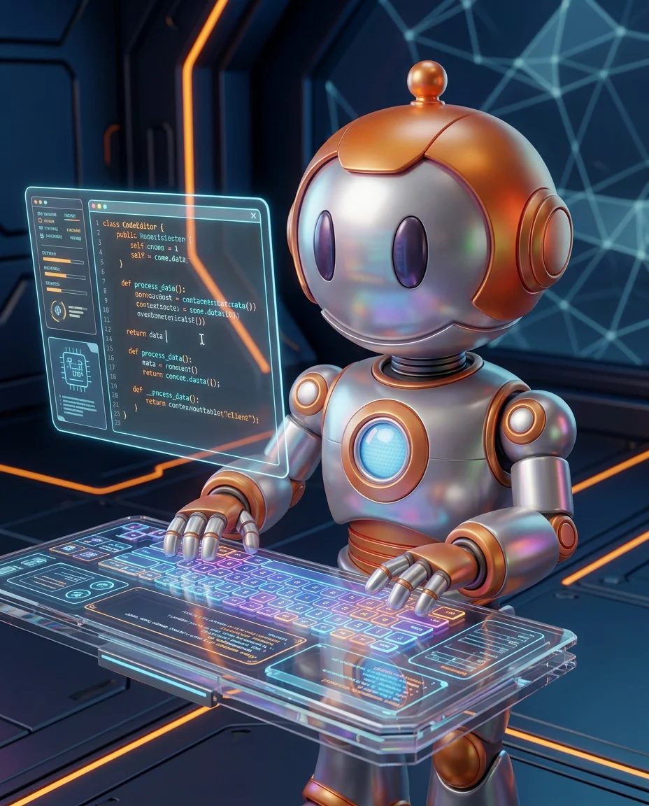 Robot zeigt auf Server-Diagramm mit HTML-Ausgabe Richtung Browser