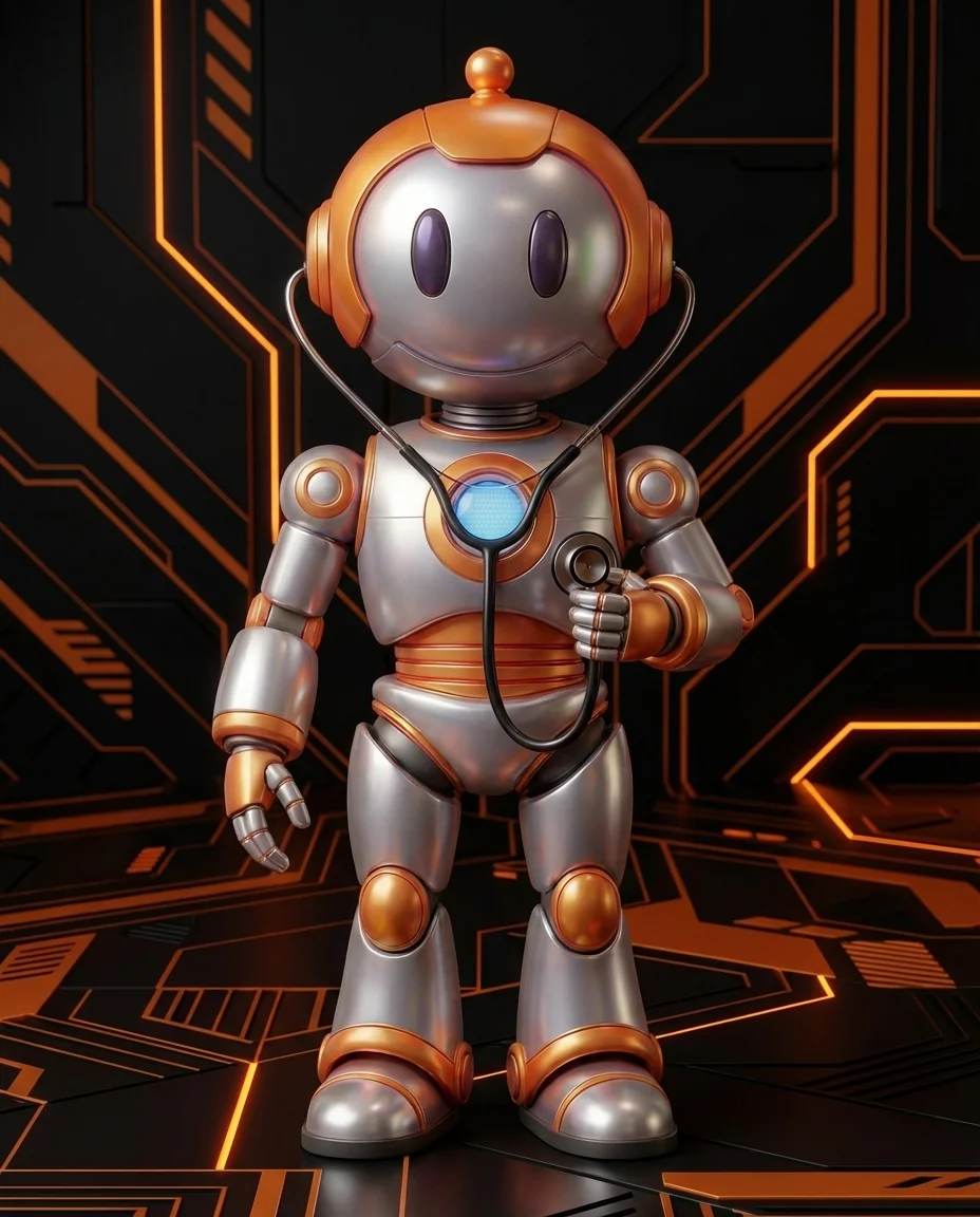 Robot hält Stethoskop als Symbol für Service-Level und Betreuungsqualität