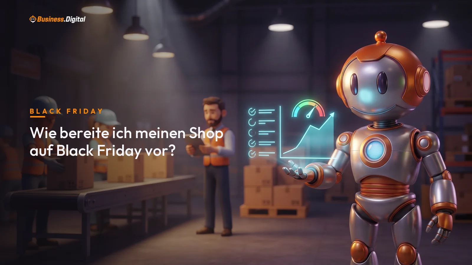 Roboter prüft Lasttest und Checkliste zur Black-Friday-Vorbereitung im Fulfilment-Lager