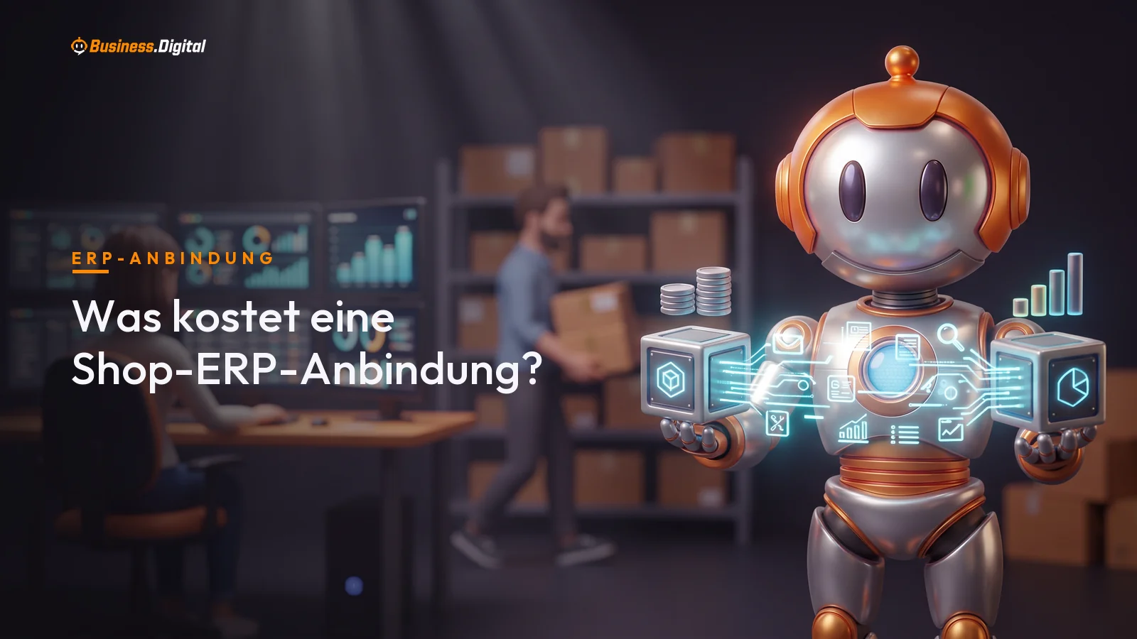 Roboter verbindet Onlineshop und ERP mit einer Datenbrücke, daneben Kostenbalken zur Shop-ERP-Anbindung