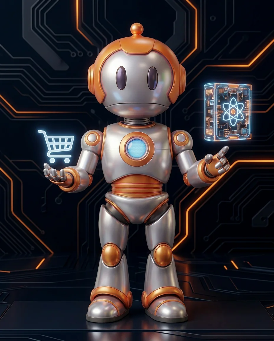 Robot gibt Suchbegriff in Suchfeld ein und erhält präzise Produktergebnisse