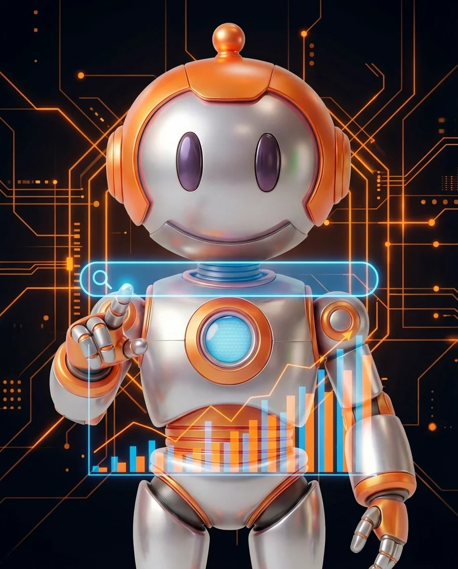 Roboter tippt in Suchfeld eines Online-Shops mit Suchergebnissen