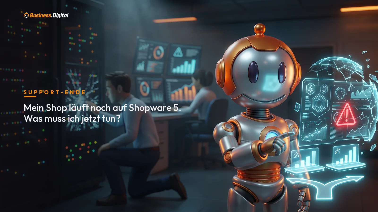 Roboter zeigt auf ein Shopware-5-Panel mit brechendem Schutzschild und zwei Migrationswegen