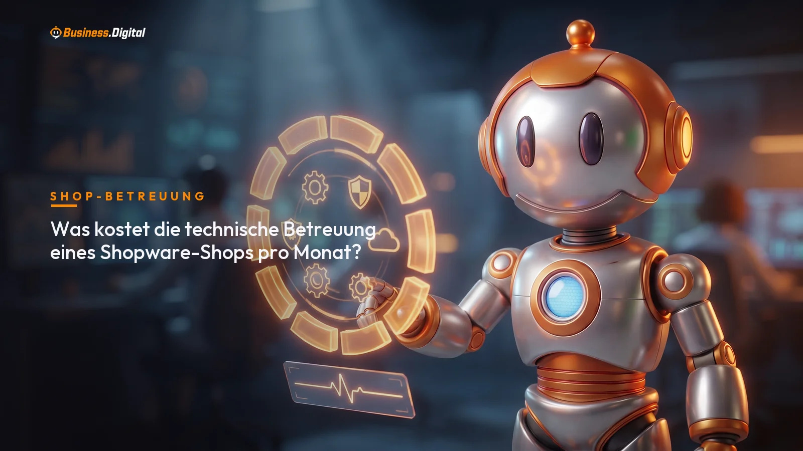 Roboter an einem Wartungsring über einem Shop-Panel, Sinnbild für monatliche Shopware-Betreuung