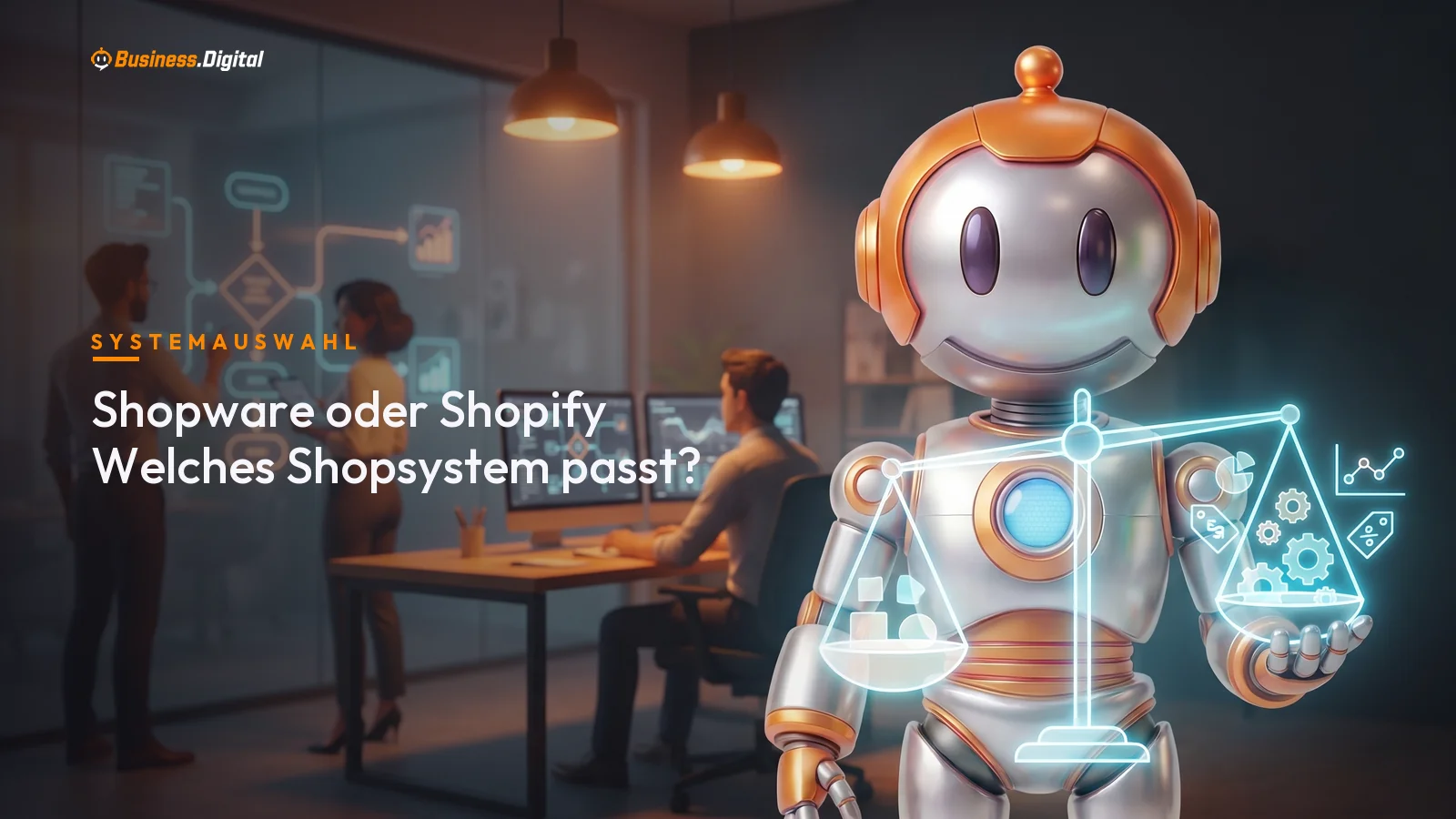 Roboter hält eine Waage mit zwei Plattform-Würfeln: Shopware oder Shopify im Vergleich