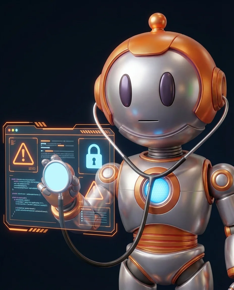 Robot hält Stethoskop und prüft Website-Sicherheitsprotokoll im Audit