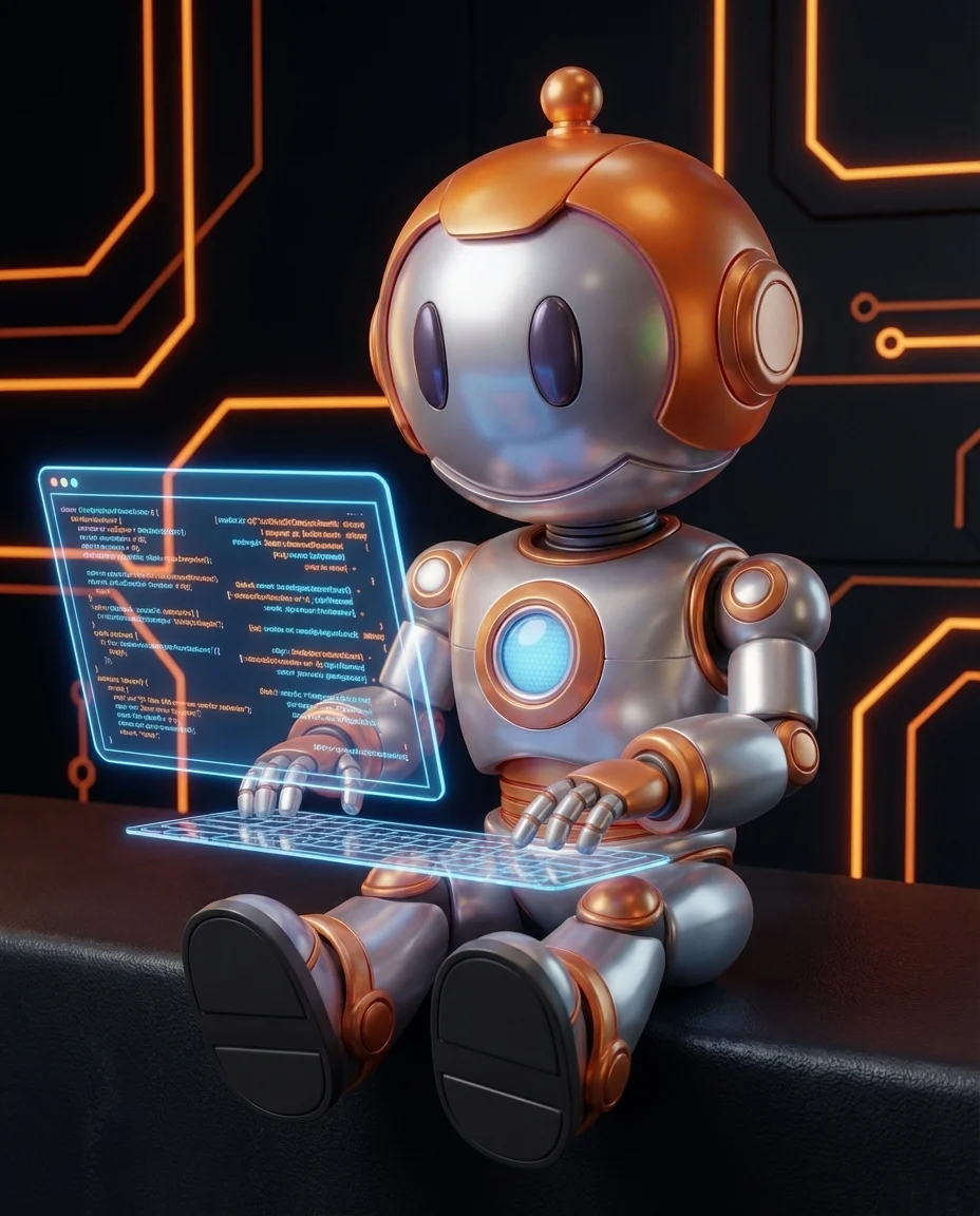 Robot zeigt auf Laptop mit dynamisch wechselnden Inhalten ohne Seitenneuladen