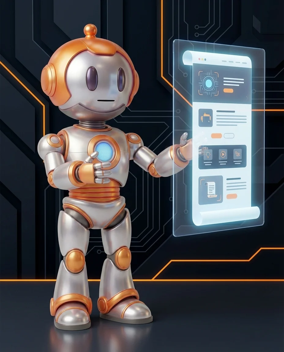 Roboter zeigt auf einen einzelnen langen Bildschirm als Single Page Website