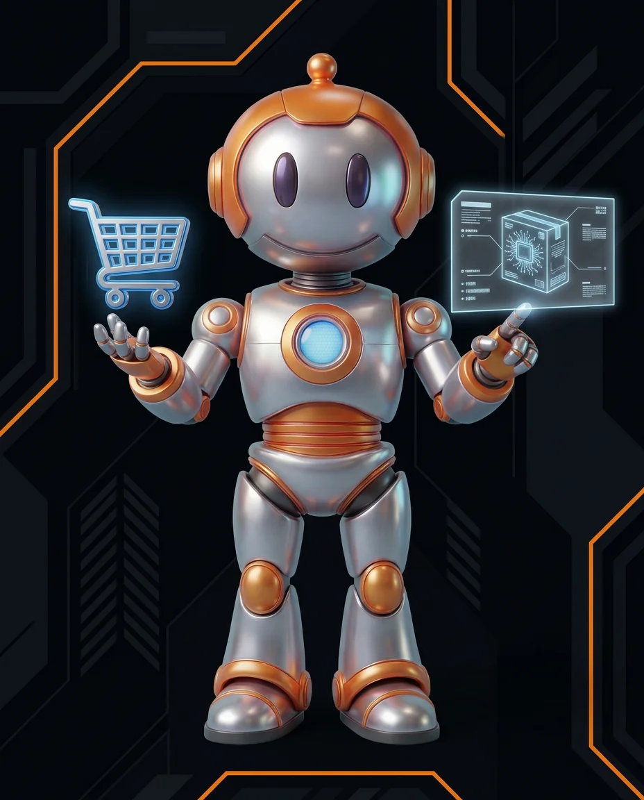 Robot hält Produktbox mit eindeutiger Artikelnummer und Variantenbezeichnung