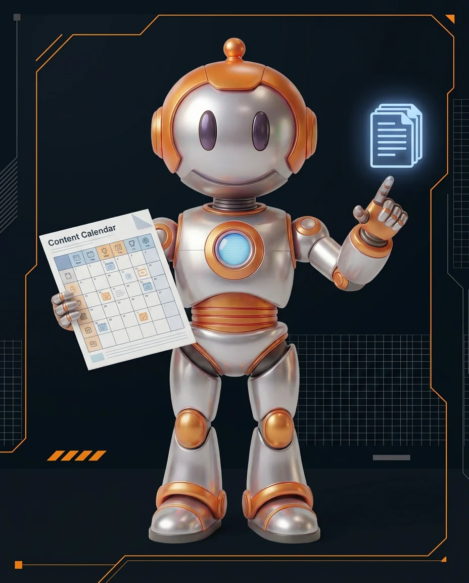 Robot hält Smartphone mit Social-Media-Icons für Snackable Content