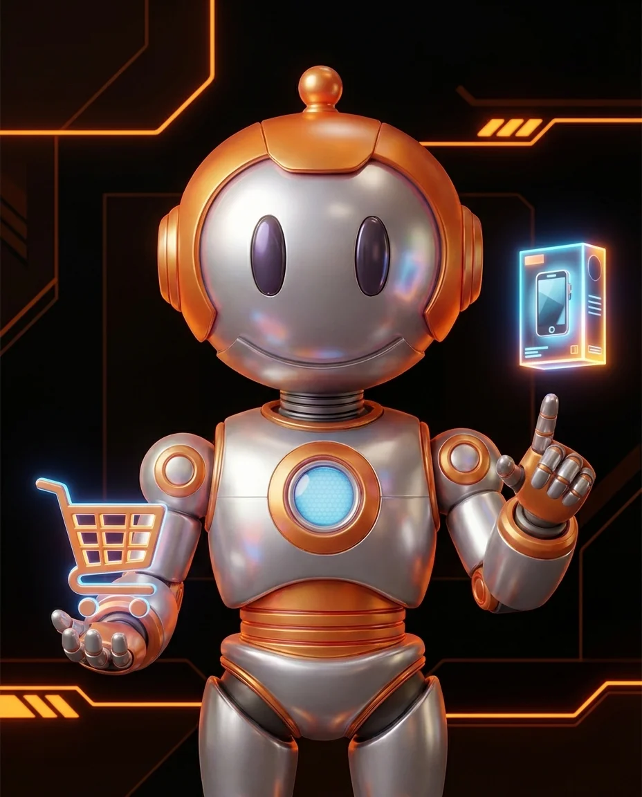 Robot hält Smartphone mit Produktkauf-Ansicht direkt in einem Social-Media-Feed