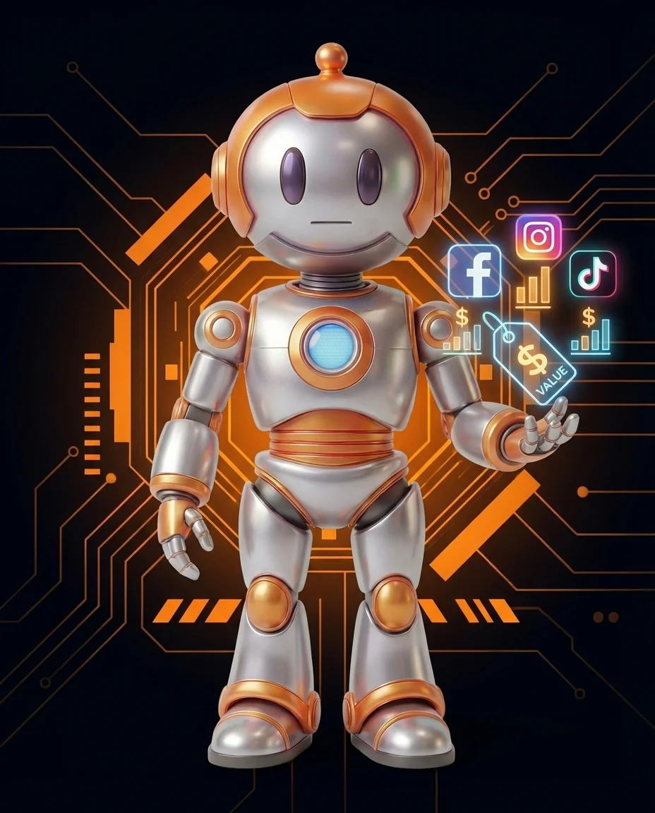 Roboter hält Preisschild vor Social-Media-Plattform-Logos für Werbung Kosten