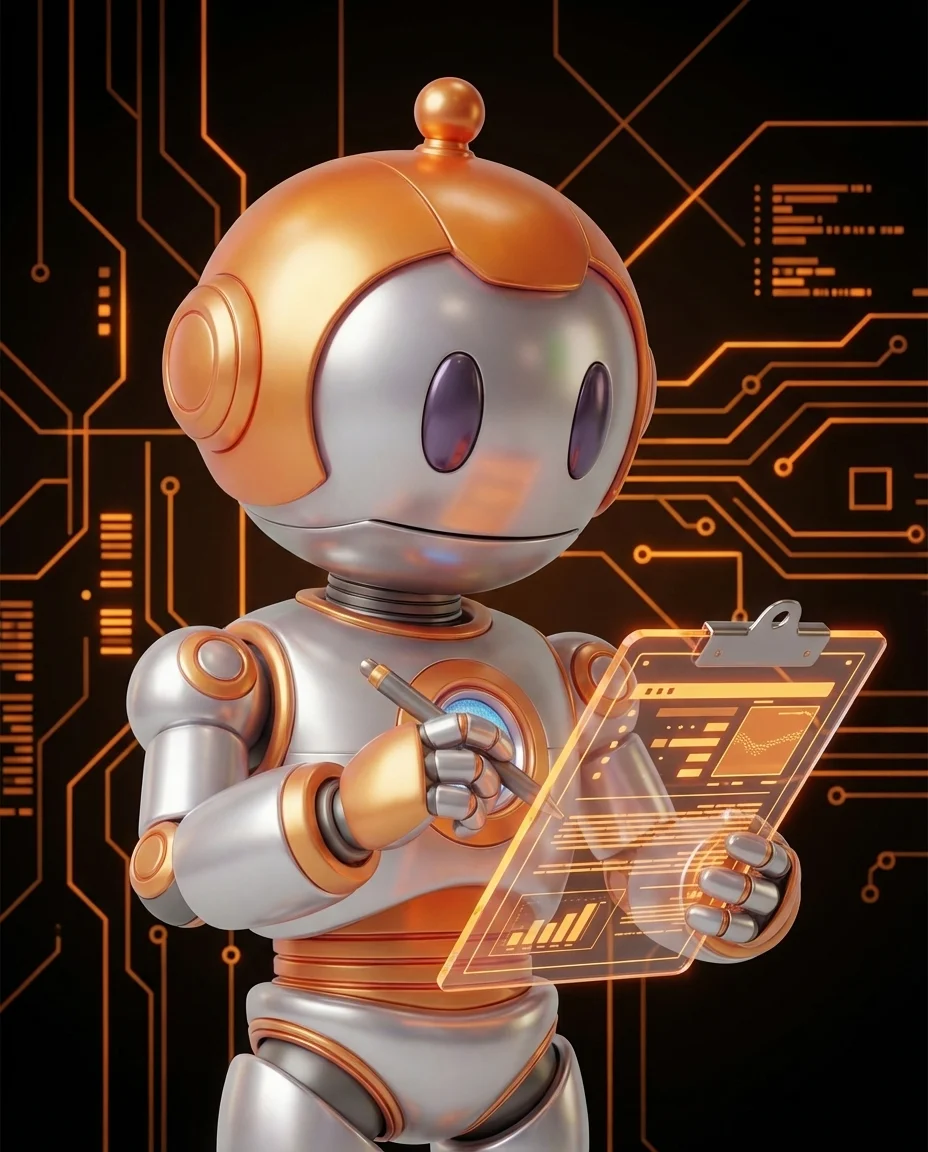 Roboter schreibt Briefing-Dokument für Softwareprojekt am Schreibtisch