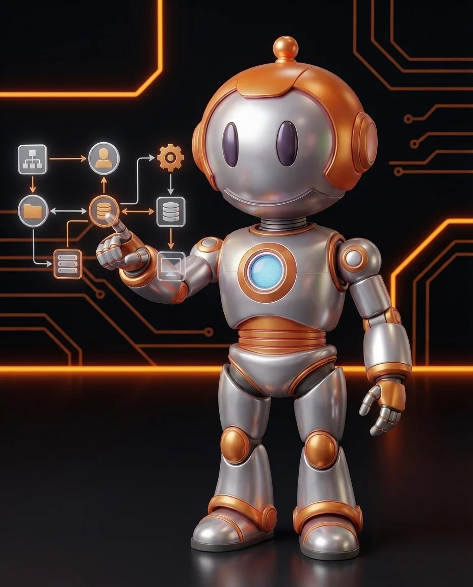 Roboter verbindet verschiedene Software-Systeme mit Datenleitungen