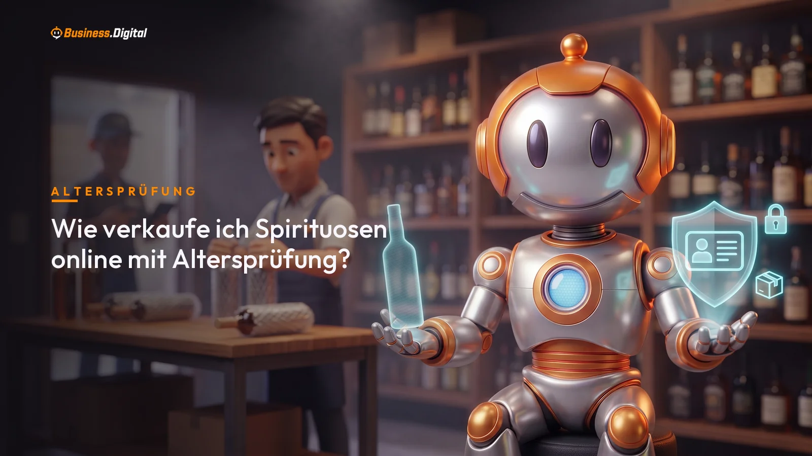 Roboter mit Flaschensilhouette und Ausweis-Symbol als Sinnbild der Altersprüfung beim Spirituosenversand