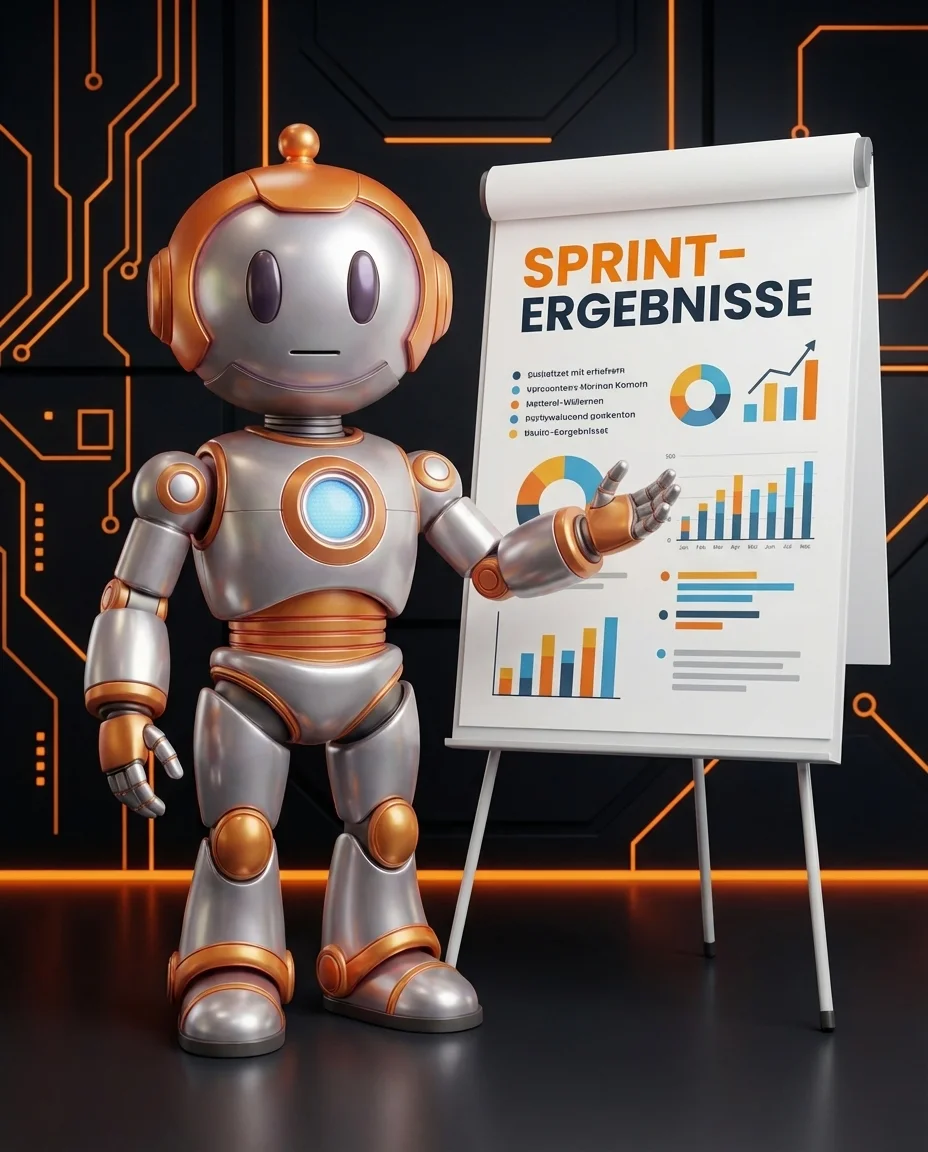 Robot präsentiert Sprint-Ergebnisse auf Flipchart im agilen Projektmeeting