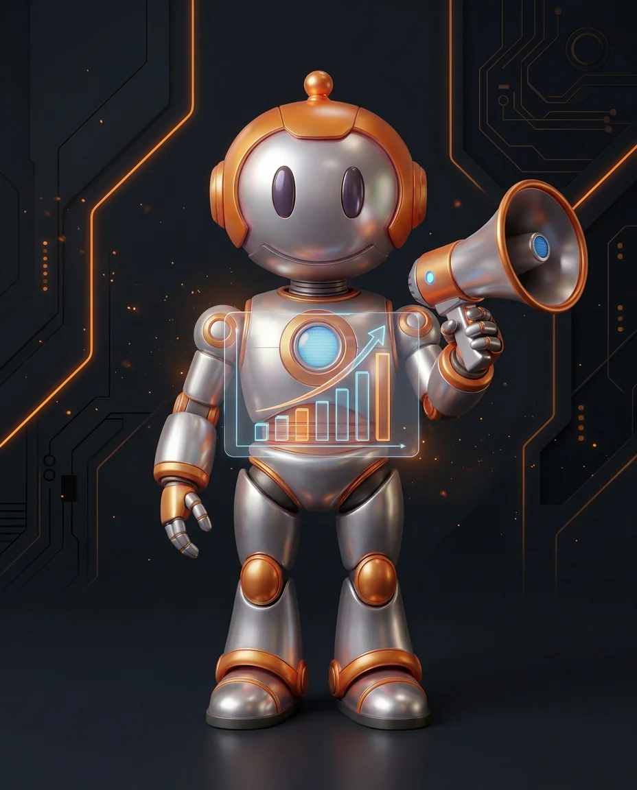 Robot zeigt auf eine minimalistische Squeeze Page mit E-Mail-Formular