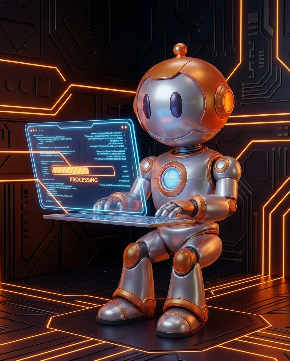 Robot tippt auf Tastatur mit einem Schlüssel und mehreren verbundenen Anwendungs-Symbolen