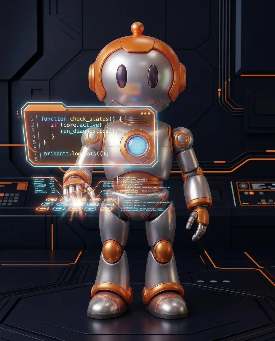 Robot hält zwei Bildschirme gegenüber: Staging-System und Live-Website