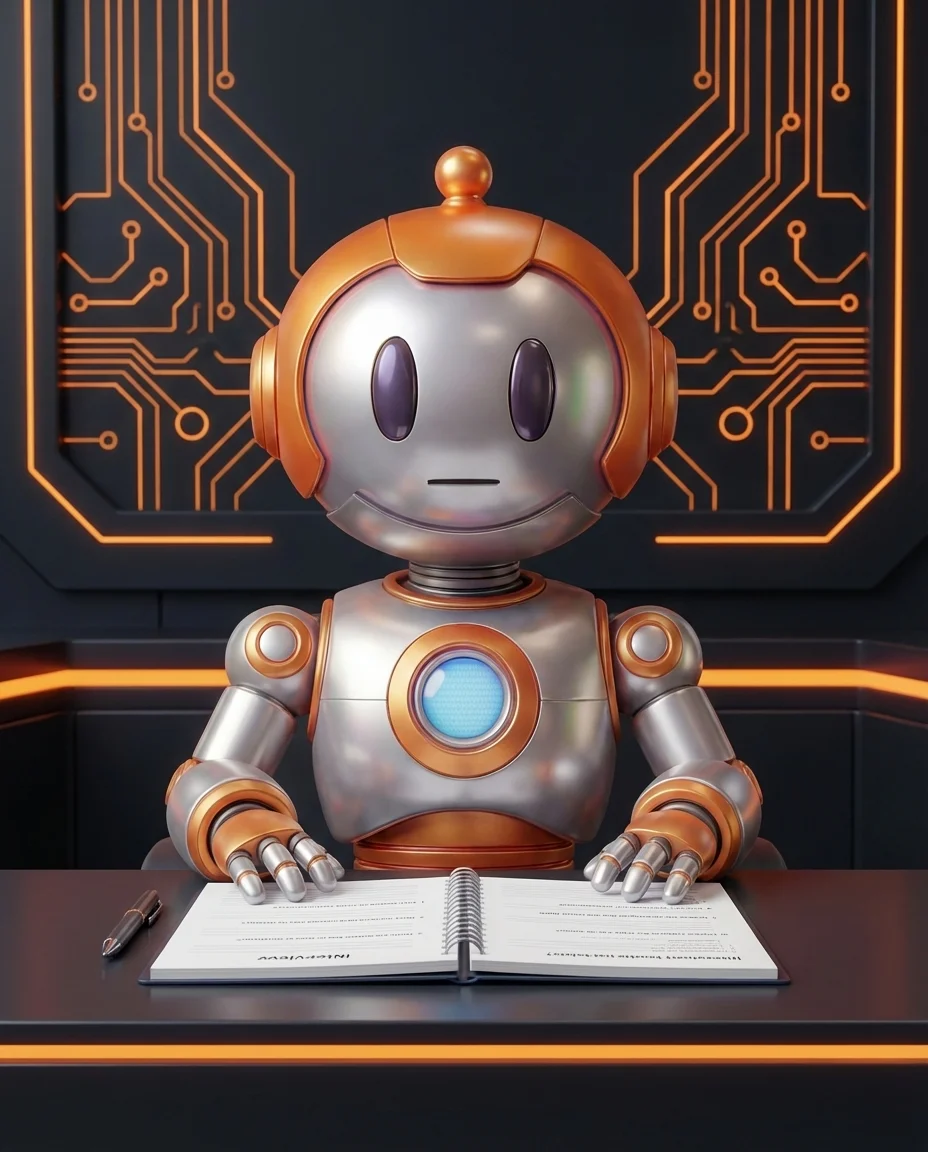 Robot führt Stakeholder-Interview an Schreibtisch mit Notizen durch