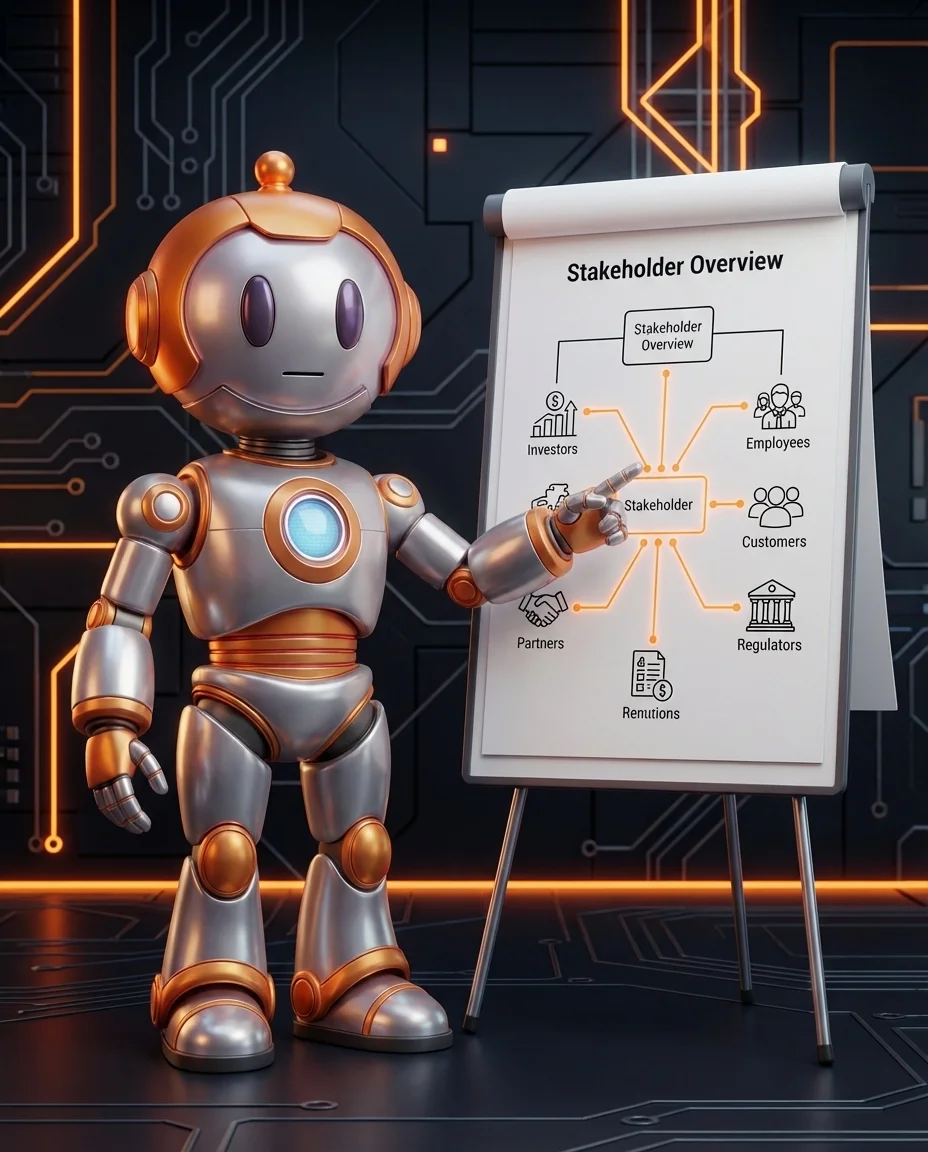 Robot zeigt auf Flipchart mit Stakeholder-Übersicht für Projektplanung