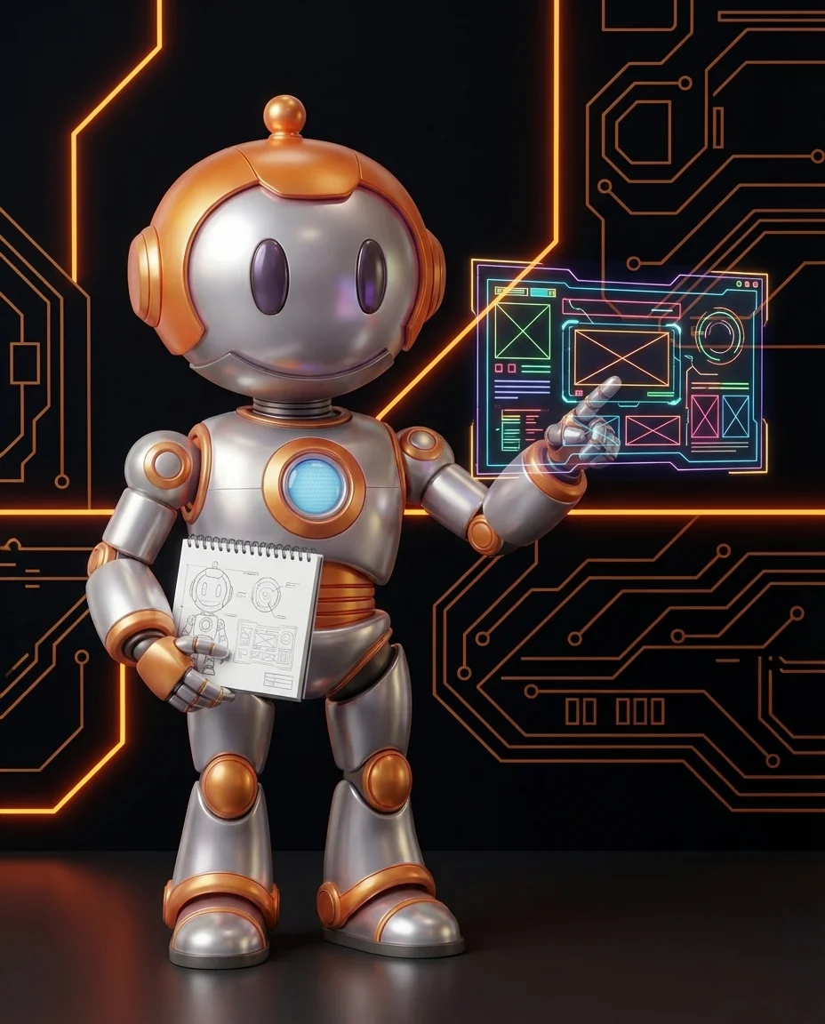 Robot zeigt auf fixierte Navigationsleiste die beim Scrollen sichtbar bleibt