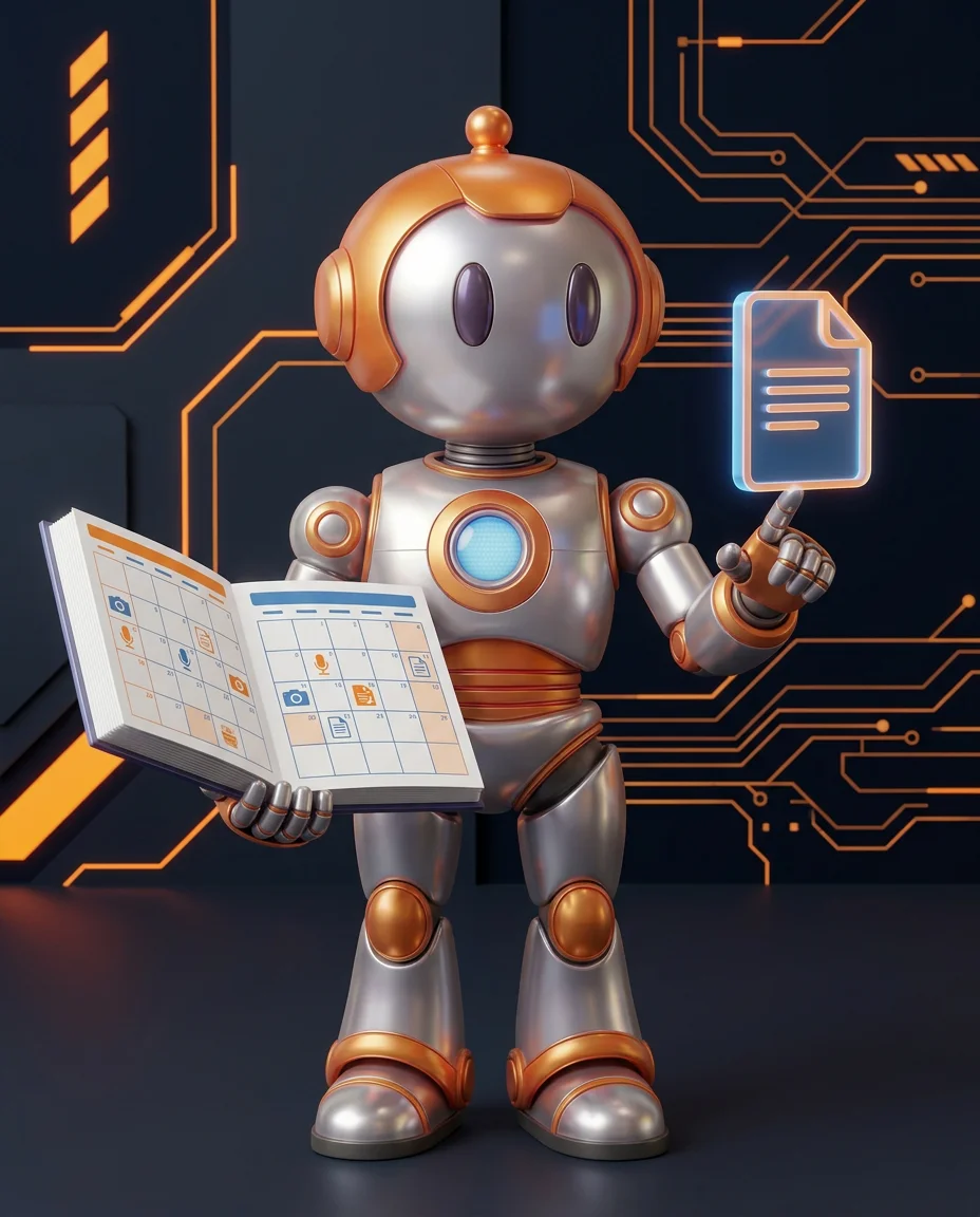 Robot hält Megaphon und zeigt auf eine Geschichte auf einem Content-Kalender