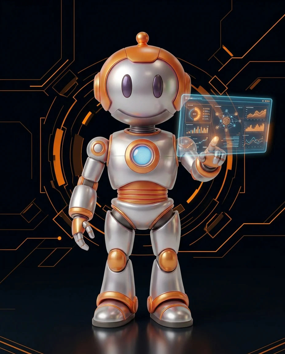 Robot hält leuchtendes JSON-Dokument mit klar gegliederten Datenfeldern