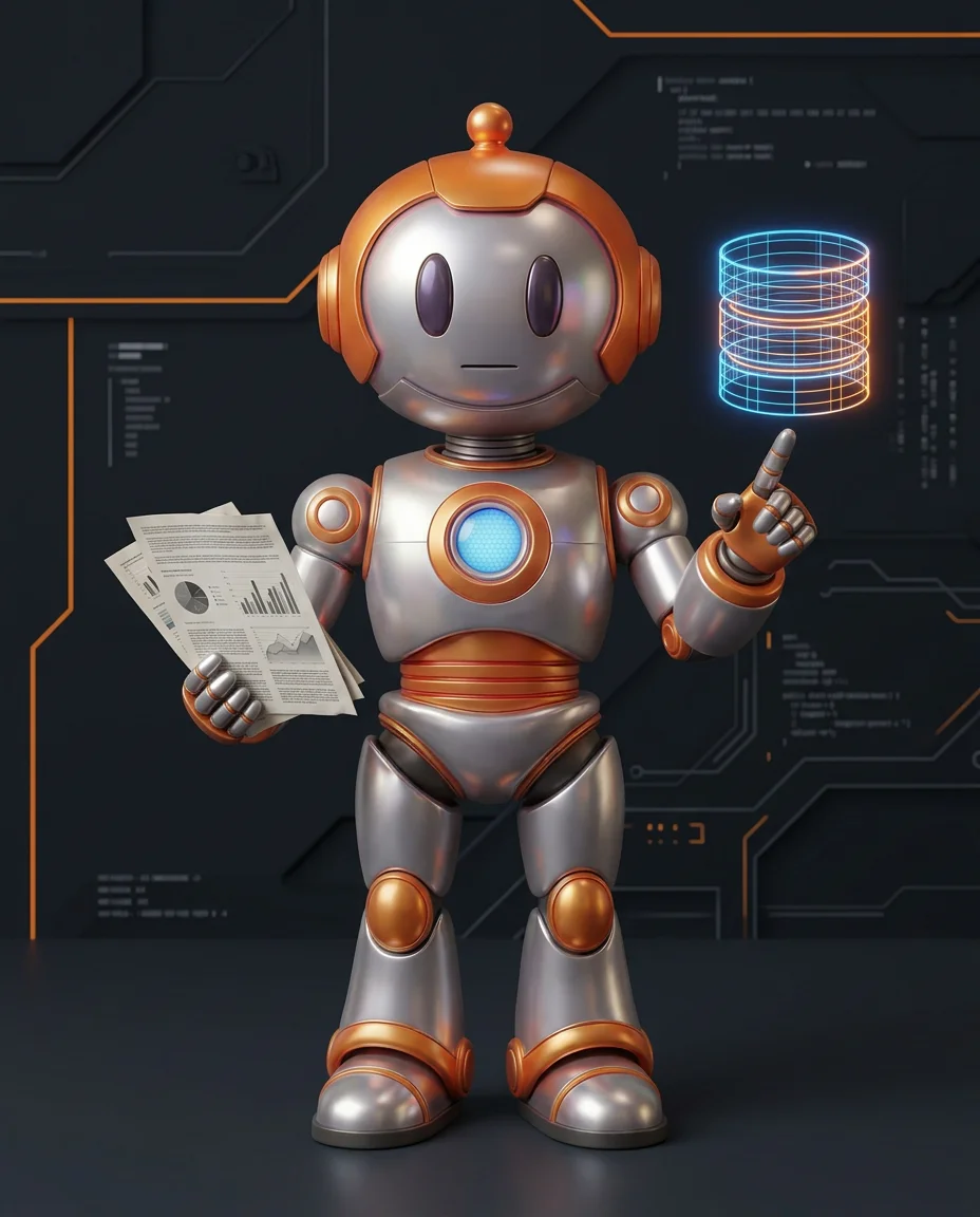 Robot hält aufgefächerte Dokumentenliste mit Bauteilen und Mengenangaben als Stückliste