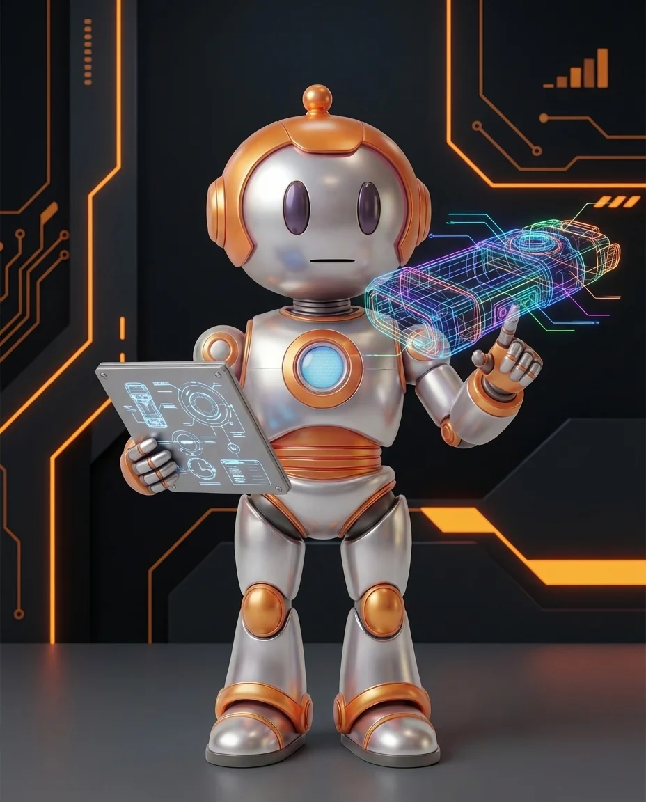 Robot hält Farbpalette und Skizze mit typografischen Elementen als Styleguide