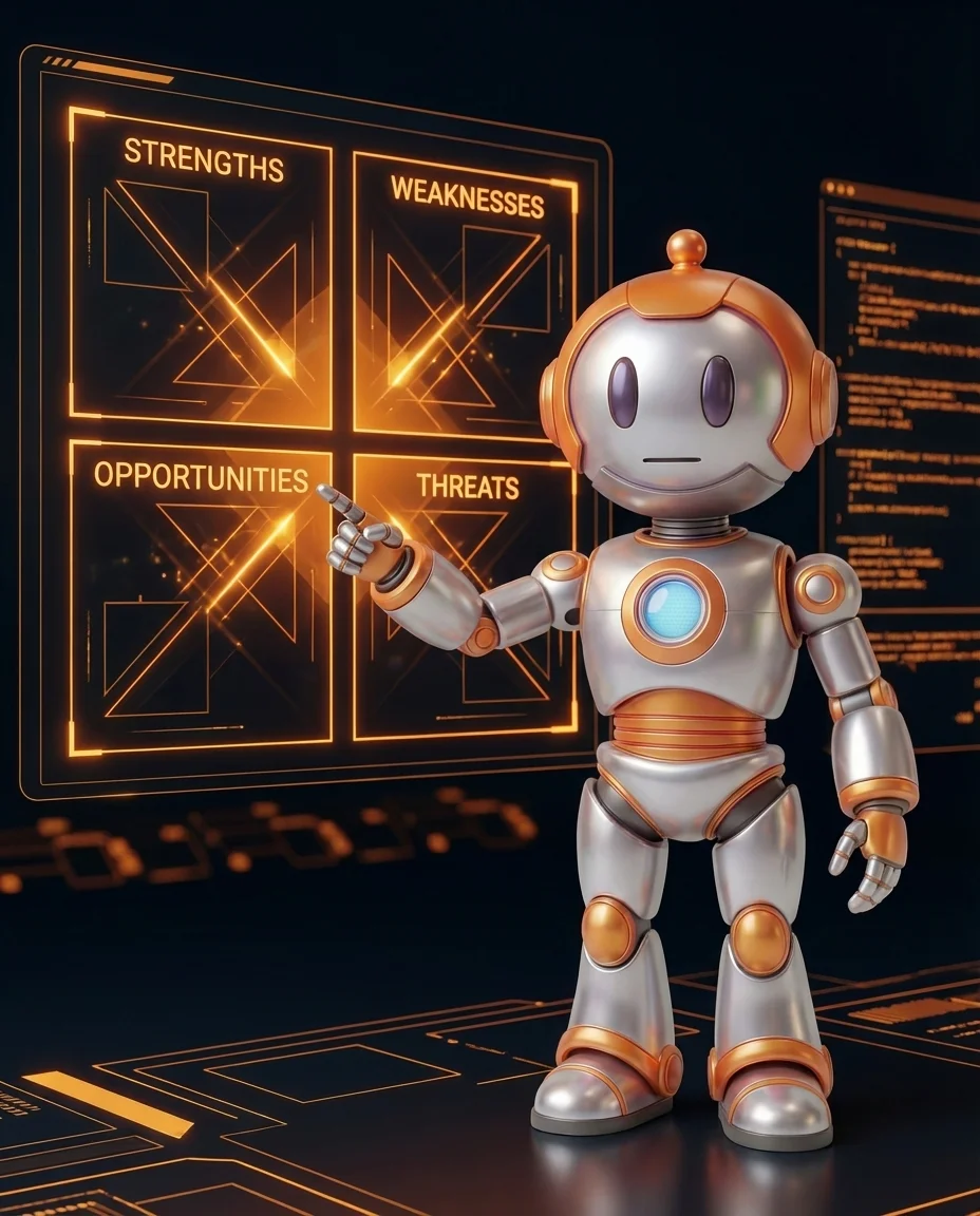 Robot zeigt auf SWOT-Diagramm mit digitaler Analyse für Unternehmensstrategie