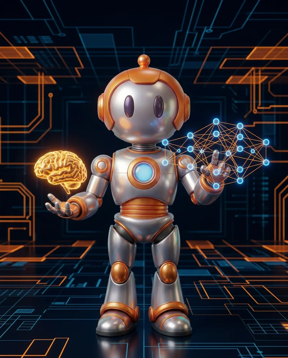 Robot zeigt auf eine Tafel mit Anweisungstext und Regelstruktur