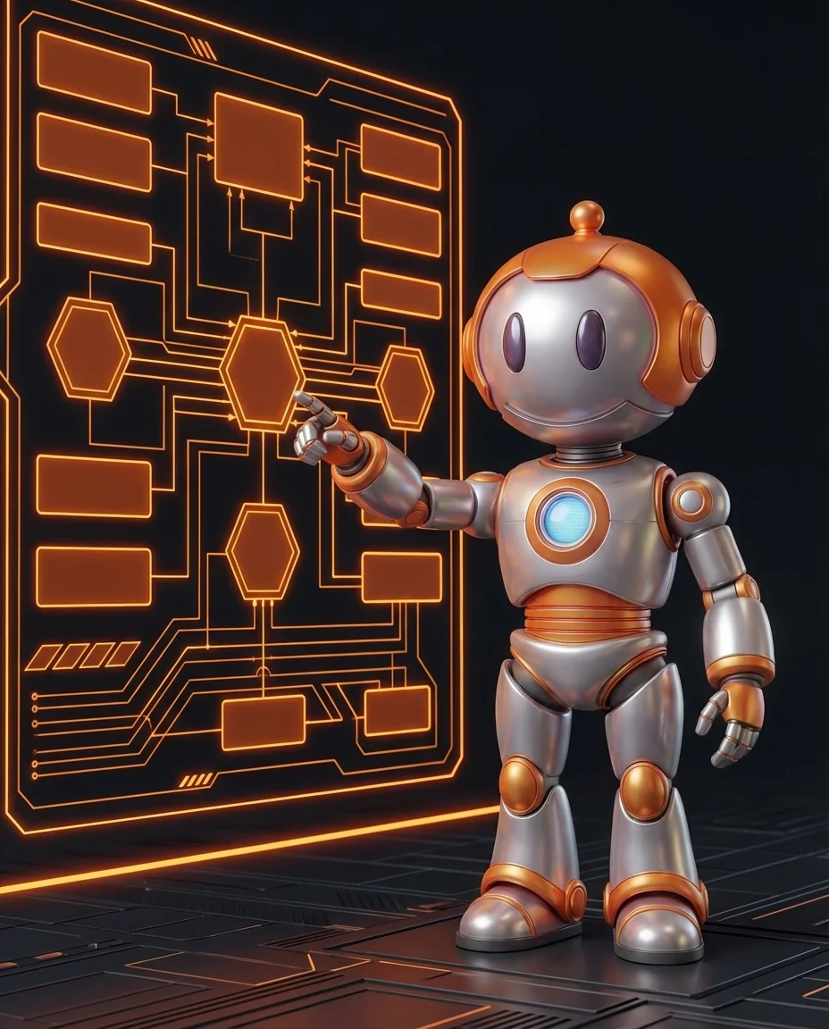 Robot zeigt auf vernetztes Systemdiagramm für Systemlandschaft-Analyse