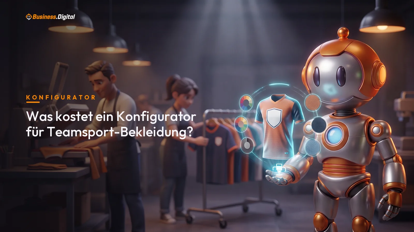 Roboter konfiguriert ein schwebendes Trikot mit Farbmustern und Wappen – Teamsport-Konfigurator