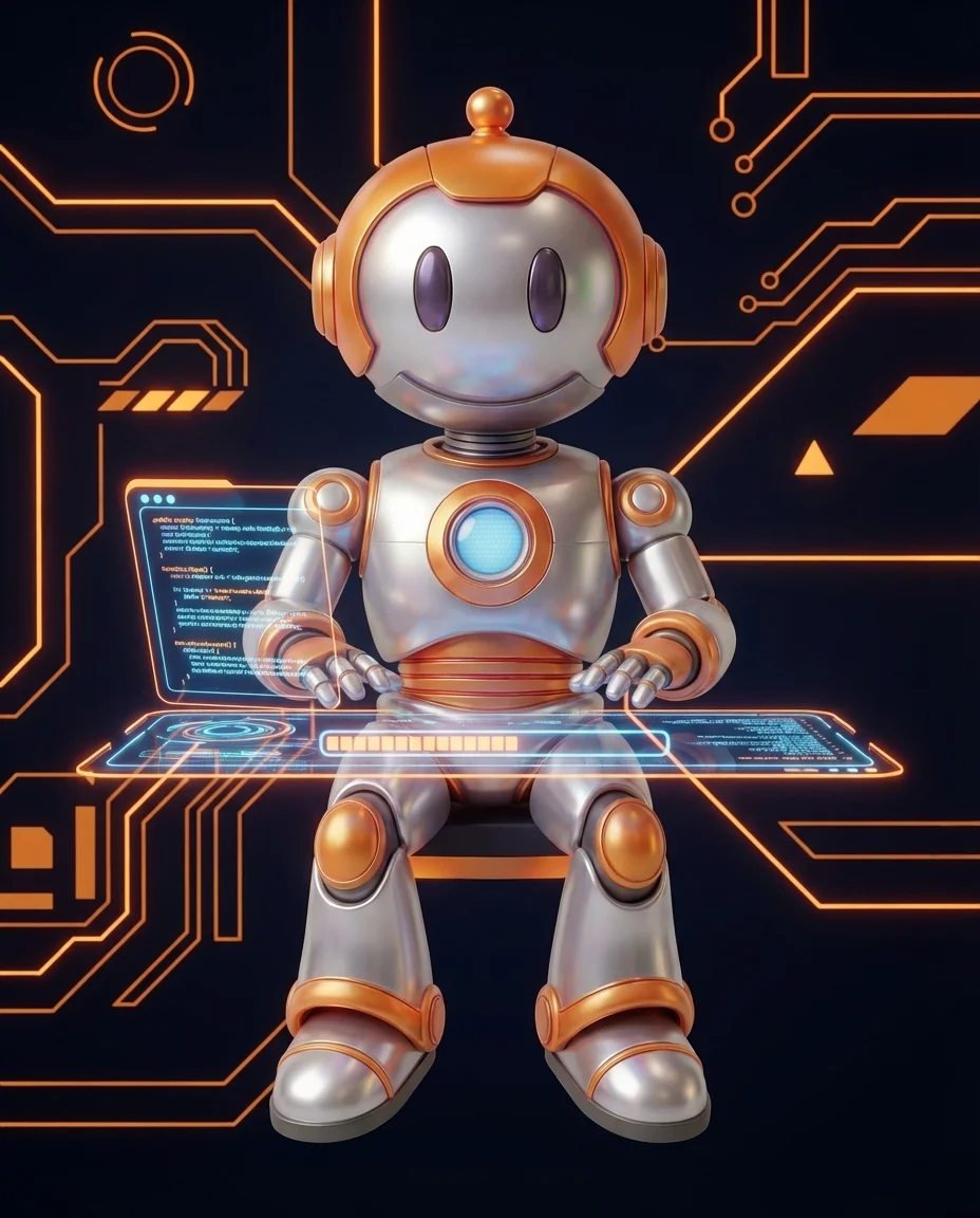 Robot hält Taschenrechner mit wachsender Schuldenkurve als Tech-Debt-Darstellung