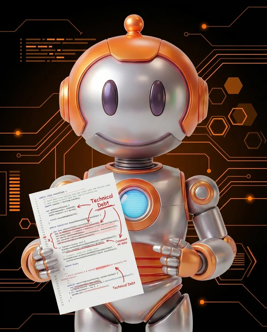 Robot hält Code-Dokument mit Markierungen für technische Schulden Analyse