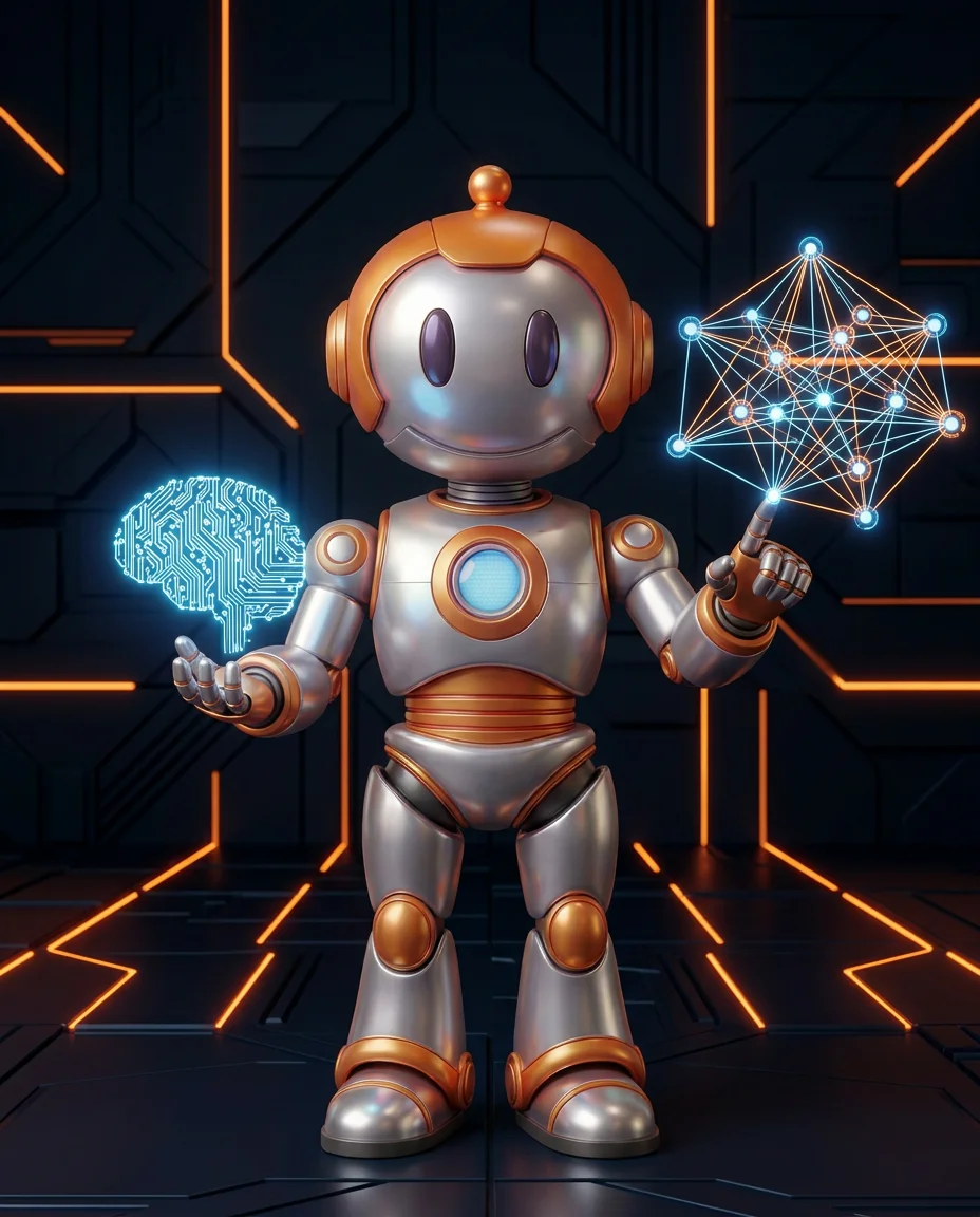 Robot hält ein Thermometer neben einem Balkendiagramm mit KI-Ausgabevarianten