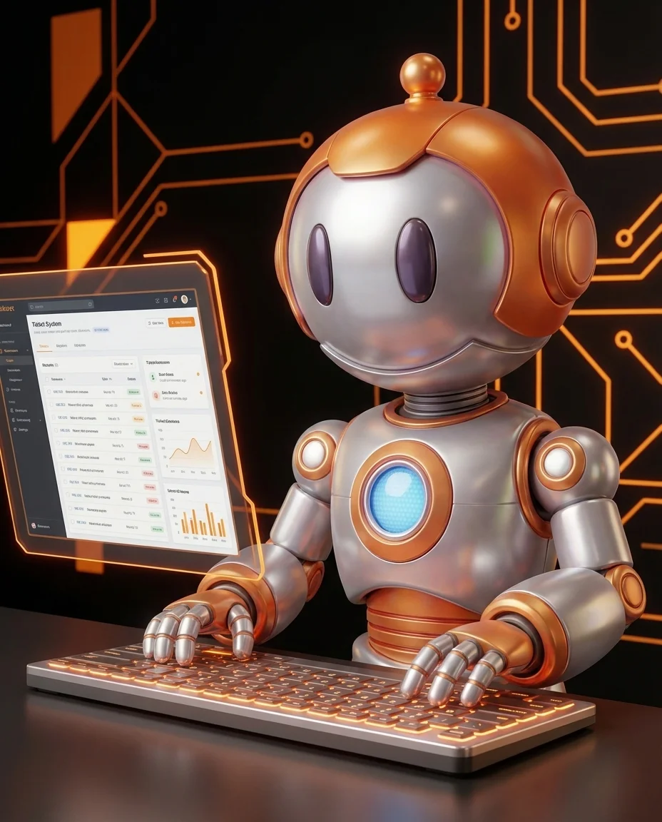 Robot tippt auf Tastatur in Ticket-System-Oberfläche für Aufgabenverwaltung