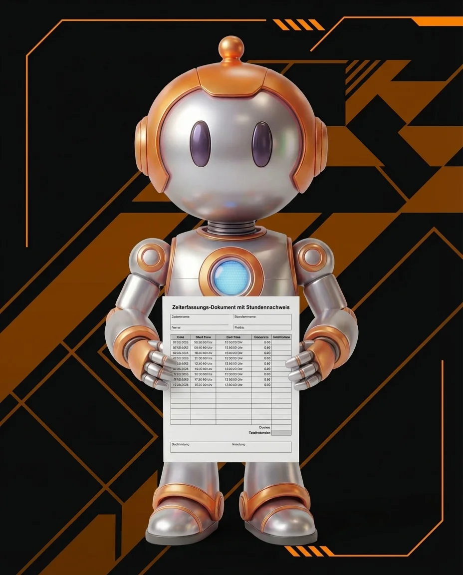 Robot hält Zeiterfassungs-Dokument für Time-and-Material Vertragsmodell