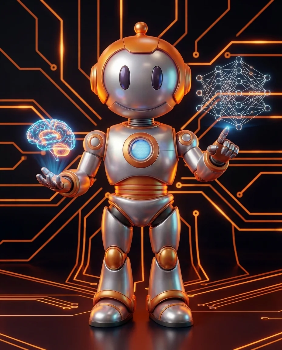 Robot zeigt auf Tafel mit Text der in einzelne Segmente zerlegt dargestellt wird