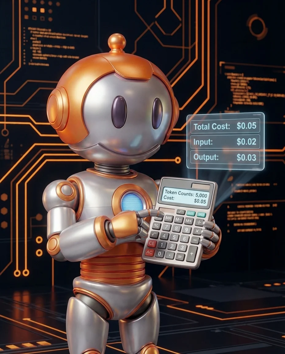 BD-Robot mit Taschenrechner und Tokens – Tokenomics KI Kosten