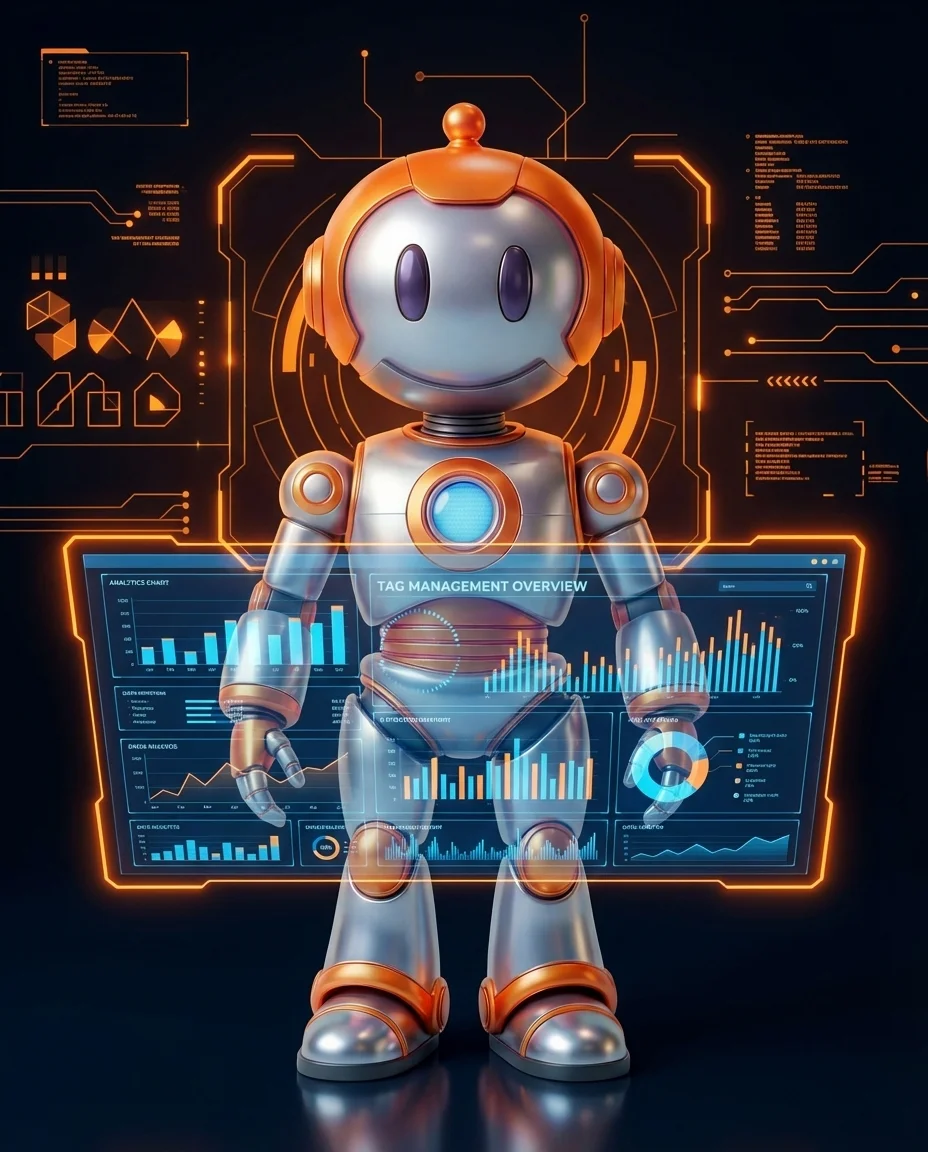 Robot analysiert Analytics-Dashboard für Tracking-Audit und Datenkorrektheit
