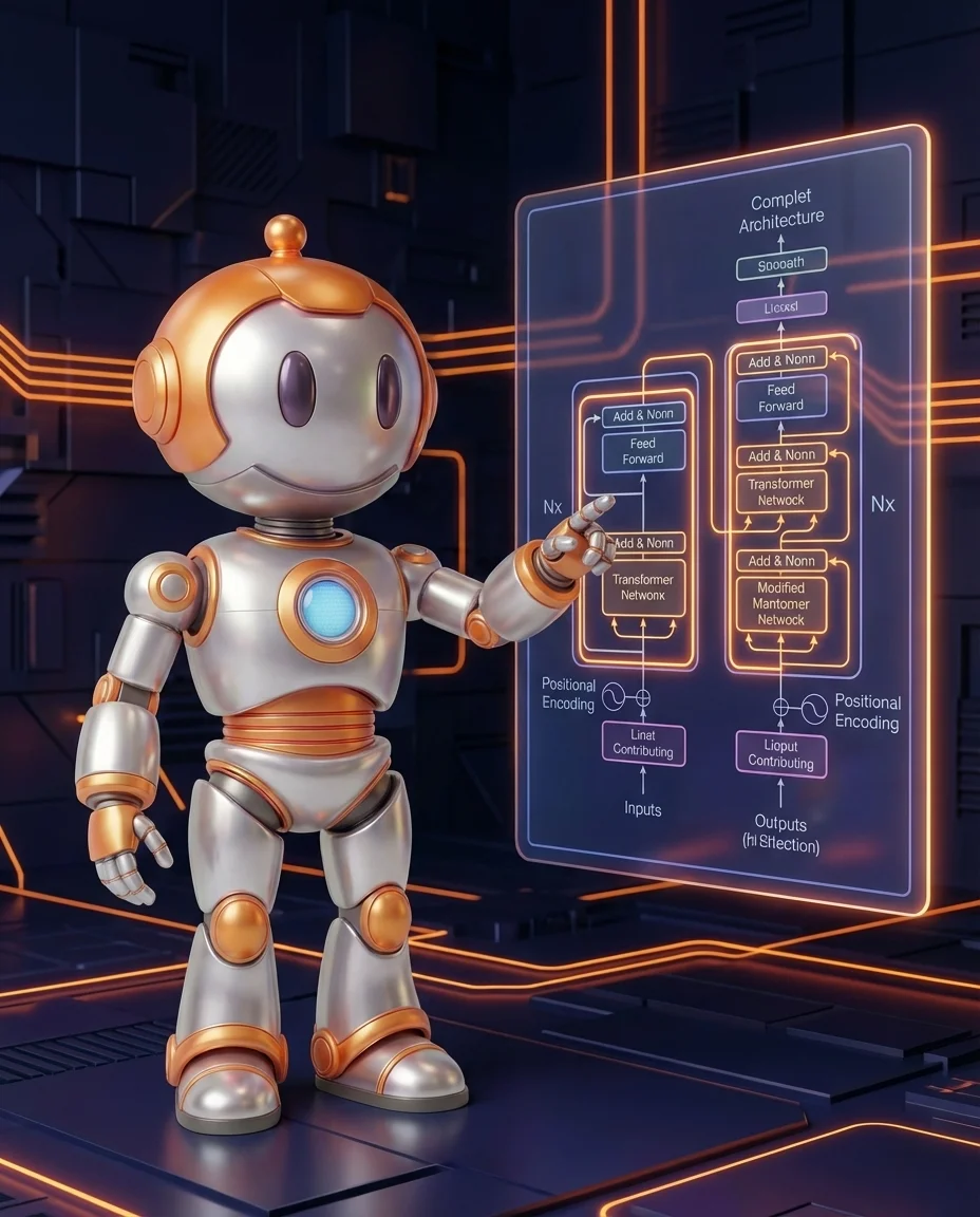 BD-Robot mit Transformer-Diagramm – Transformer Architektur erklärt