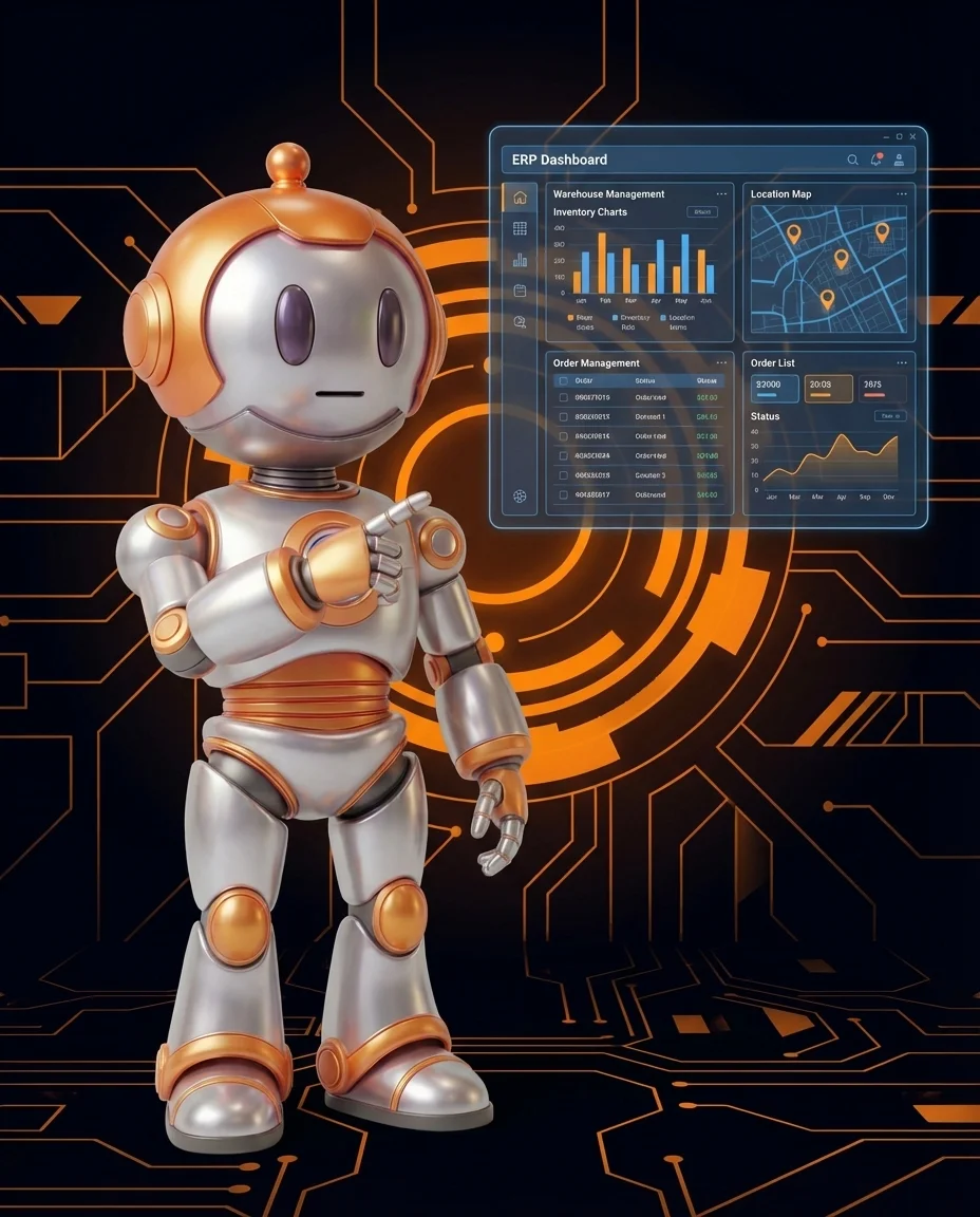 Roboter erklärt Tricoma ERP mit E-Commerce Dashboard