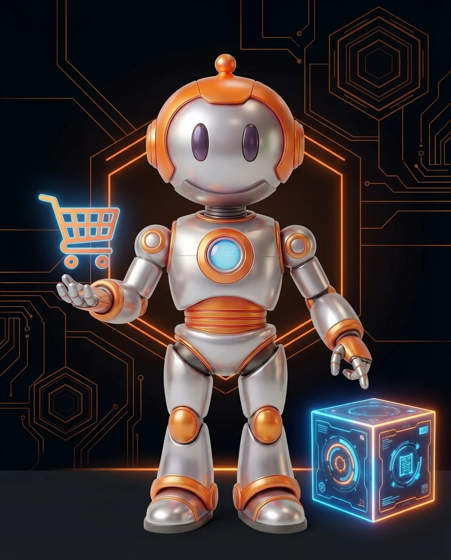 Robot hält leuchtendes Gütesiegel-Symbol mit Häkchen und Sternen