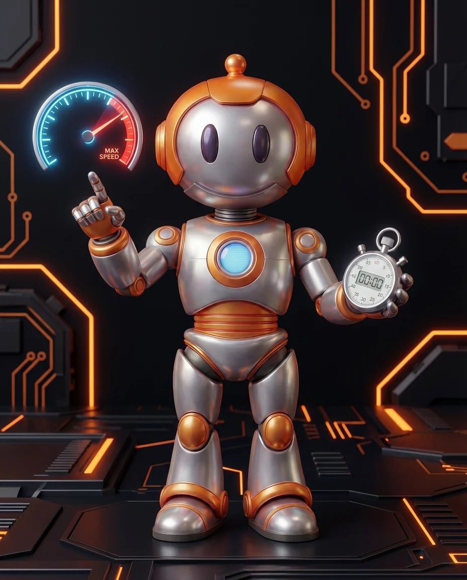 Robot hält Stoppuhr und zeigt auf Diagramm mit Server-Antwortzeitmessung